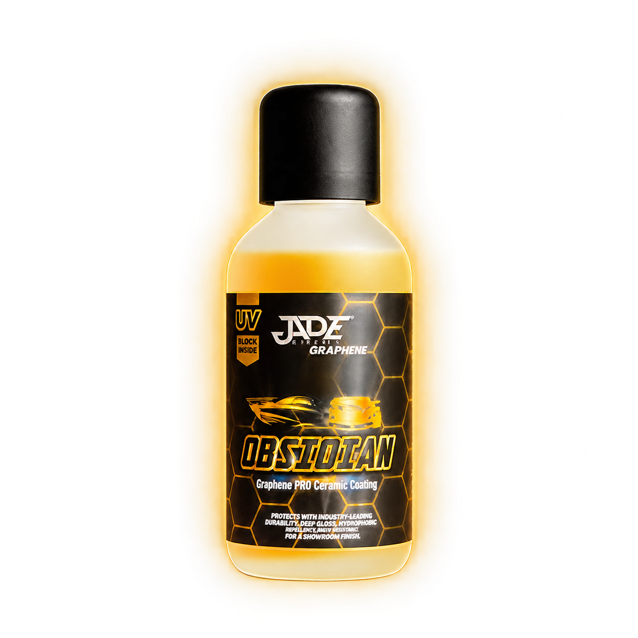 Jade Obsidian Graphene PRO coating bottle with a soft gold glow